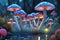 Illuminated Mushrooms in Mystical Forest. Created with Generative AI