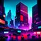 Illuminated night city with neon lights, 3d illustration. AI generated