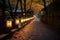 illuminated path lined with stone lanterns