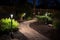 an illuminated pathway with solar stake lights at night