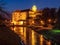 Illuminated Podebrady Castle at Labe River by night, Czech Republic