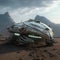 Illuminated post apocalyptic alien vehicle standing in desert, positive UFO design. Generative ai