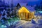 Illuminated Russian Wooden House Covered Snow on Winter Holidays