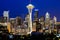 Illuminated Seattle skylines downtown during blue hour