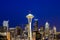 Illuminated Seattle skylines downtown during blue hour