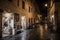 Illuminated Shop in Scenic Street at Night in Rome in Italy