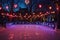 An illuminated skating rink adorned with twinkling lights and heart-shaped decorations, An ice-skating rink surrounded by heart-