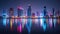 Illuminated skyscrapers and their reflections on calm water at night