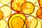 Illuminated slices of citrus fruits on white background