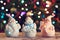 Illuminated Snowman and Jack Frost (Santa Claus) dolls in front of Christmas tree lights, blurred background