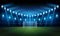 Illuminated Sports Arena for Soccer and football with blurry blue spotlights, starry night sky and nebula