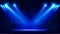 Illuminated stage with scenic lights and smoke. Blue vector spotlight with smoke volume light effect on black background