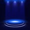 Illuminated stage with scenic lights and smoke. Blue vector spotlight with smoke volume light effect on black background