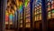 Illuminated stained glass windows decorate majestic Gothic basilica generated by AI