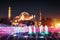 Illuminated Sultan Ahmed Mosque before sunrise