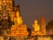 Illuminated temple complex in Ayutthaya, Thailand