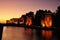 Illuminated Temple of Debod seen at the sunset. Ancient Egyptian temple that was dismantled and rebuilt in Madrid, Spain. Donated