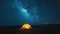 Illuminated tent under glowing night sky with stars and milky way. Tourist equipment for camping