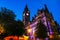 Illuminated Town Hall in Manchester, UK at night