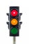 Illuminated traffic light isolated on a white background showing red and amber signals.