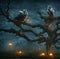 Illuminated tree with scary owls at spooky misty dark halloween night AI