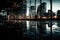 Illuminated Urban Landscape Reflecting In Glassy Surface. Generative AI