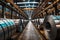 Illuminated Warehouse Aisle with Shiny Steel Rolls, Industrial Manufacturing Storage