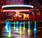 Illuminated waterspout fountain at night