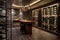 illuminated wine cellar with modern glass and metal racks
