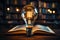 Illuminating knowledge Glowing bulb enhances books wisdom, symbolizing inventive inspiration