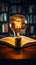 Illuminating knowledge Glowing bulb enhances books wisdom, symbolizing inventive inspiration