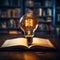 Illuminating knowledge Glowing bulb enhances books wisdom, symbolizing inventive inspiration