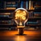 Illuminating knowledge Glowing bulb enhances books wisdom, symbolizing inventive inspiration