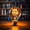 Illuminating knowledge Glowing bulb enhances books wisdom, symbolizing inventive inspiration