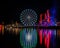 Illuminations in the Polish city of Szczecin, ferris wheel, port grider,  at night Europa