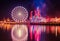 Illuminations in the Polish city of Szczecin, ferris wheel, port grider,  at night Europa