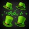 Illusrtation - Saint Patrick`s day. Leprechaun`s hat and Clover design elements on black hand drawn background.