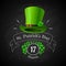 Illusrtation - Saint Patrick`s day. Logo with Leprechaun`s hat and Clover design elements on black hand drawn background.