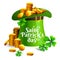 Illusrtation with text - Saint Patrick`s day. Leprechaun`s hat, coins and Clover design elements isolated on white background.