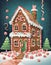 Illustartion of gingerbread Christmas House with peppermint candies. Background, AI Generation