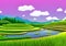 Illustraion of Asian paddy rice fields with serene reflections of water