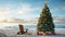 Illustrate a beachside Christmas celebration with a palm tree decked out in holiday decor and surrounded by sandcastles and