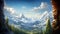 Illustrate the breathtaking view from a window high in the mountains, capturing snow-capped peaks