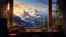 Illustrate the breathtaking view from a window high in the mountains, capturing snow-capped peaks