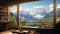 Illustrate the breathtaking view from a window high in the mountains, capturing snow-capped peaks