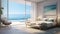 Illustrate a coastal-inspired luxury bedroom with a 3D background view of a pristine beach and the rolling waves, bringing the