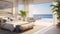 Illustrate a coastal-inspired luxury bedroom with a 3D background view of a pristine beach and the rolling waves, bringing the