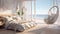 Illustrate a coastal-inspired luxury bedroom with a beachfront view, soft pastel hues, and a comfortable hammock chair for