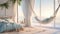Illustrate a coastal-inspired luxury bedroom with a beachfront view, soft pastel hues, and a comfortable hammock chair for
