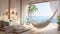 Illustrate a coastal-inspired luxury bedroom with a beachfront view, soft pastel hues, and a comfortable hammock chair for